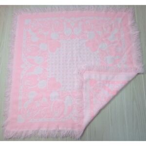 Mickey Minnie woven pink white small baby blanket afghan fringe edges hearts